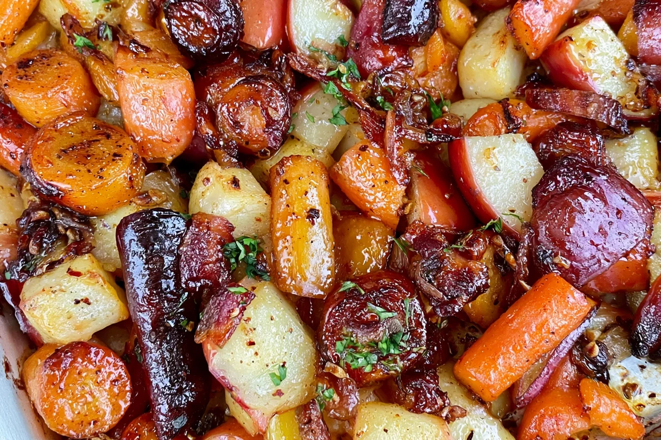 Maple Dijon Roasted Carrots and Apples with caramelized glaze, roasted carrots, apples, and onions in a sweet savory dish