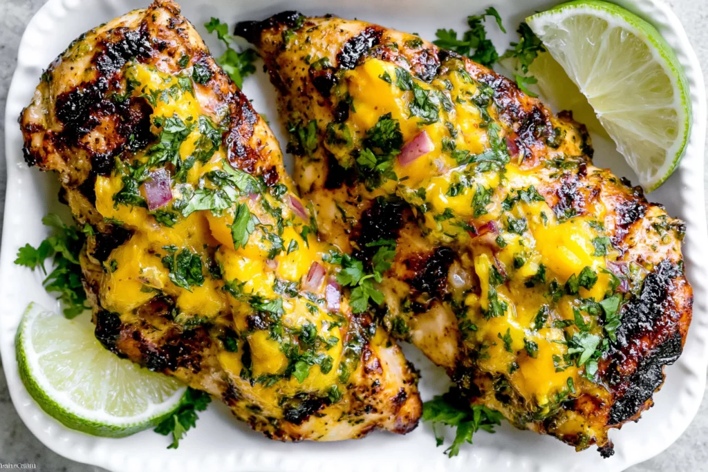 Grilled Mango Lime Chicken with juicy charred chicken breasts topped with mango lime sauce, fresh cilantro, and lime wedges