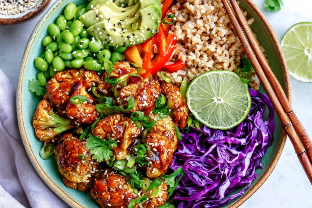 Teriyaki Cauliflower Power Bowls with glazed roasted cauliflower, brown rice, avocado, edamame, red cabbage, and lime