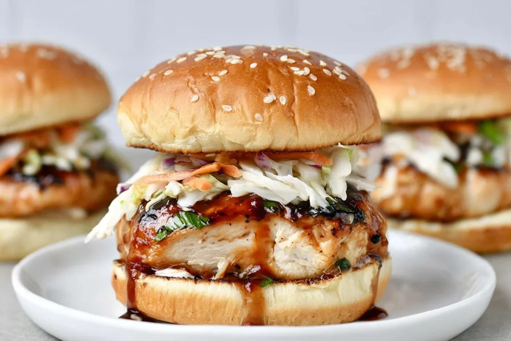 Chicken Teriyaki Burgers with grilled chicken, glossy teriyaki glaze, and crunchy slaw on a sesame brioche bun