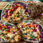Thai Peanut Chicken Wraps filled with creamy peanut sauce, grilled chicken, crunchy cabbage, carrots, and fresh herbs in a tortilla wrap