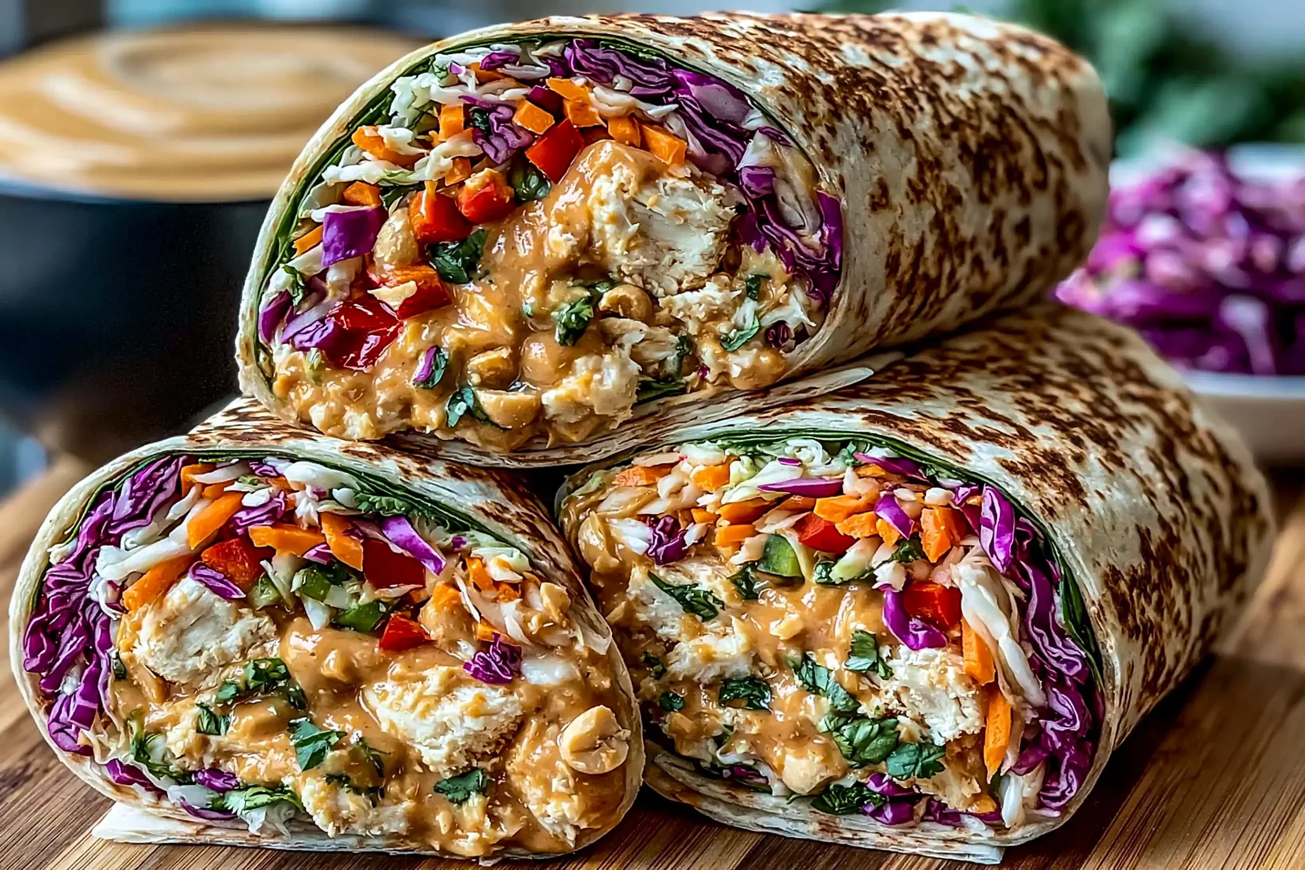 Thai Peanut Chicken Wraps filled with creamy peanut sauce, grilled chicken, crunchy cabbage, carrots, and fresh herbs in a tortilla wrap