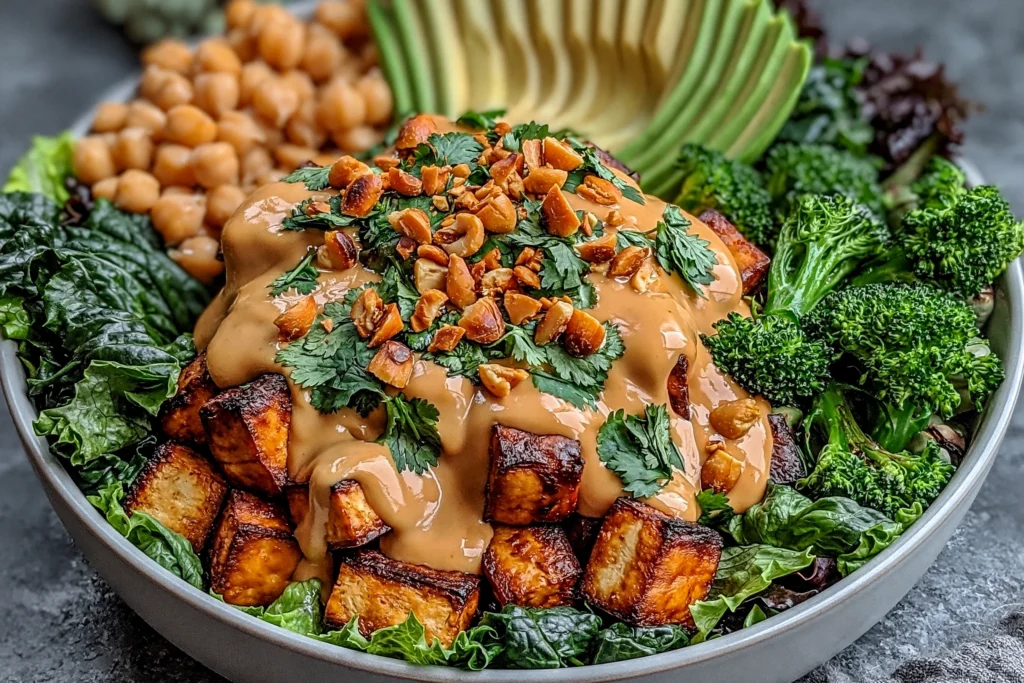 Thai Peanut Sweet Potato Buddha Bowl with crispy roasted sweet potatoes, fresh greens, chickpeas, avocado slices, and creamy peanut sauce topped with chopped peanuts and cilantro