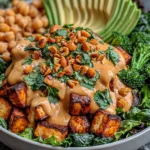 Thai Peanut Sweet Potato Buddha Bowl with crispy roasted sweet potatoes, fresh greens, chickpeas, avocado slices, and creamy peanut sauce topped with chopped peanuts and cilantro