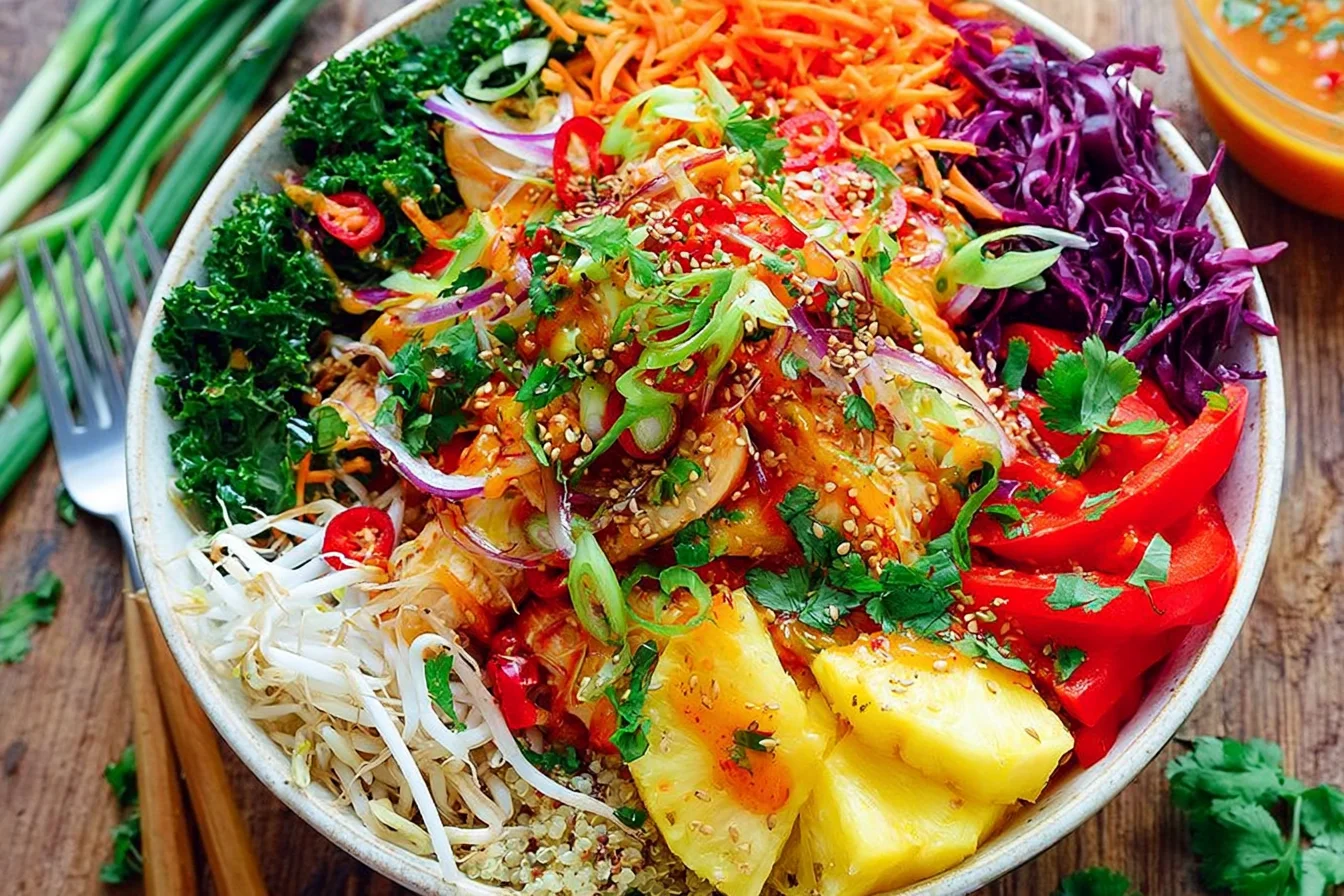 Thai Sweet Chili Chicken Buddha Bowls with quinoa, fresh veggies, pineapple, and sesame chili dressing