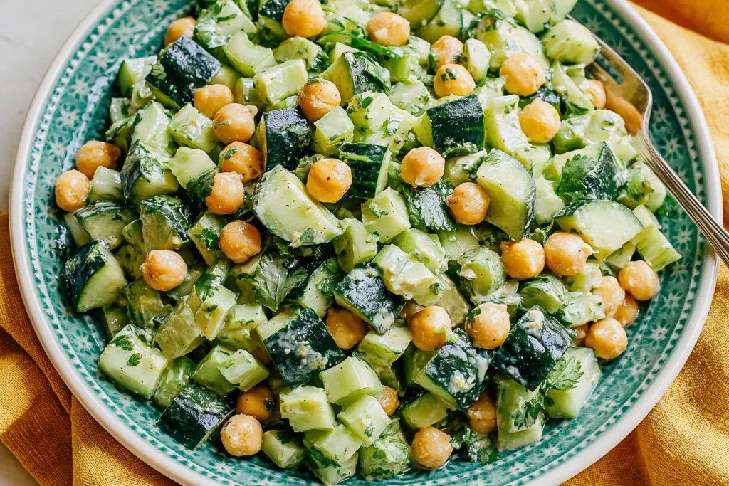 Sunshine Salad with chickpeas cucumber and creamy lime tahini dressing fresh vegan sunshine salad in bowl