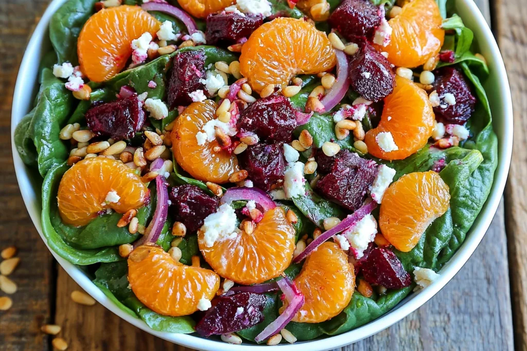 Colorful Beet Salad with spinach, mandarin oranges, feta cheese, red onions, and toasted pine nuts with honey-mustard lemon dressing