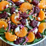 Colorful Beet Salad with spinach, mandarin oranges, feta cheese, red onions, and toasted pine nuts with honey-mustard lemon dressing