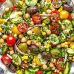 Colorful Chimichurri Chickpea Salad with cucumbers, cherry tomatoes, corn, olives, and fresh herbs in a zesty dressing