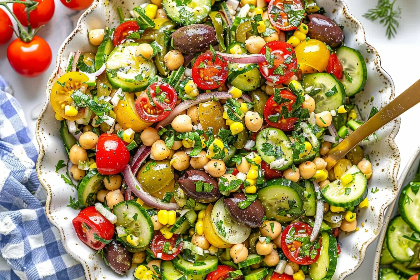 Colorful Chimichurri Chickpea Salad with cucumbers, cherry tomatoes, corn, olives, and fresh herbs in a zesty dressing