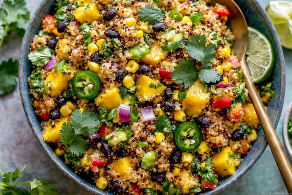Fiesta Mango Quinoa Salad with mango chunks, black beans, corn, avocado, and fresh cilantro in a colorful bowl