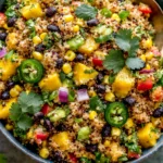 Fiesta Mango Quinoa Salad with mango chunks, black beans, corn, avocado, and fresh cilantro in a colorful bowl