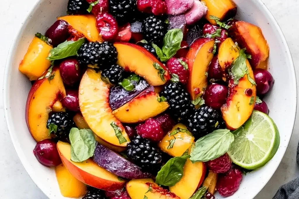 Honey Lime Basil Peach Fruit Salad with juicy peaches, blackberries, raspberries, basil, and fresh lime in a colorful summer bowl