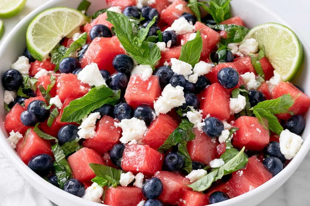 Watermelon Feta Salad served with blueberries, fresh basil, mint, feta cheese, and lime wedges