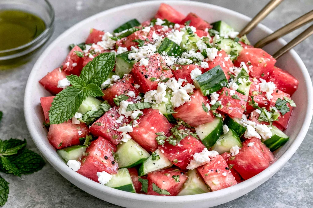 Watermelon Salad with Cucumber and Feta served with fresh mint, crumbled feta, and a light lime dressing