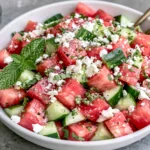 Watermelon Salad with Cucumber and Feta served with fresh mint, crumbled feta, and a light lime dressing