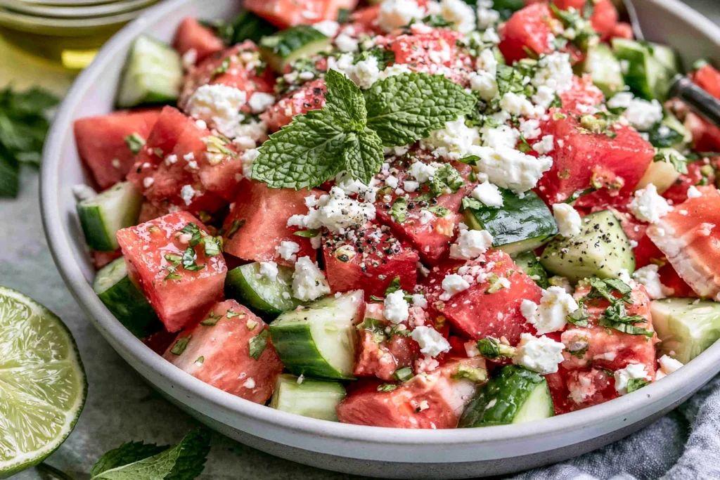 Watermelon Salad with Cucumber and Feta in a serving bowl topped with fresh mint and crumbled feta