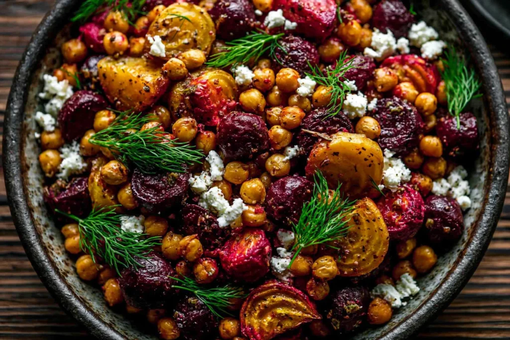 Zesty Chickpea Beet Feta Salad with roasted beets, chickpeas, crumbled feta, and fresh dill in a rustic bowl
