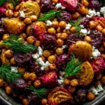 Zesty Chickpea Beet Feta Salad with roasted beets, chickpeas, crumbled feta, and fresh dill in a rustic bowl