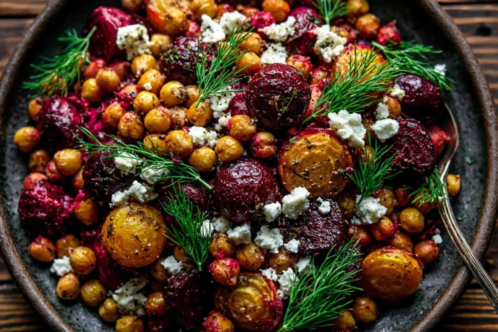 Zesty Chickpea Beet Feta Salad with roasted golden and red beets, crispy chickpeas, crumbled feta, and fresh dill garnish