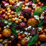 Zesty Chickpea Beet Feta Salad with roasted golden and red beets, crispy chickpeas, crumbled feta, and fresh dill garnish