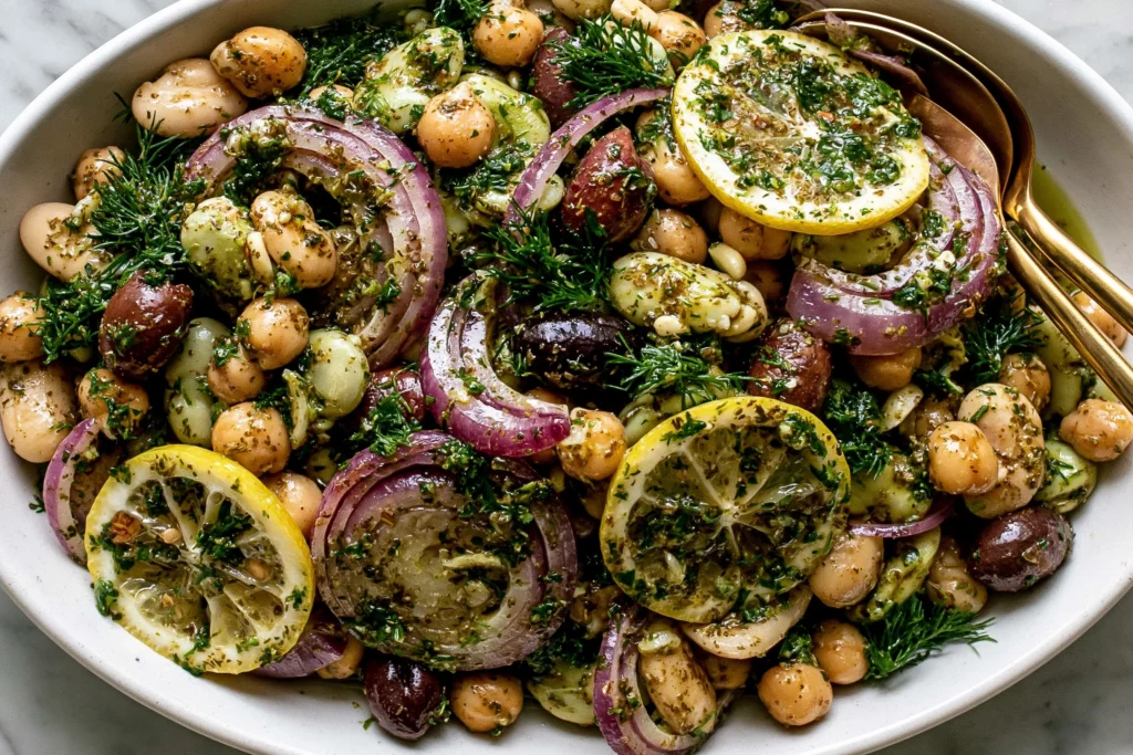 Marinated Zaatar Bean Salad with chickpeas, butter beans, lemon slices, red onion, fresh herbs, and za’atar dressing