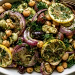 Marinated Zaatar Bean Salad with chickpeas, butter beans, lemon slices, red onion, fresh herbs, and za’atar dressing