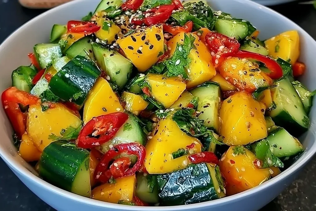 Thai Mango Cucumber Salad with juicy mango chunks, crisp cucumber, red chili slices, and herbs in a flavorful Thai dressing