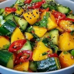 Thai Mango Cucumber Salad with juicy mango chunks, crisp cucumber, red chili slices, and herbs in a flavorful Thai dressing