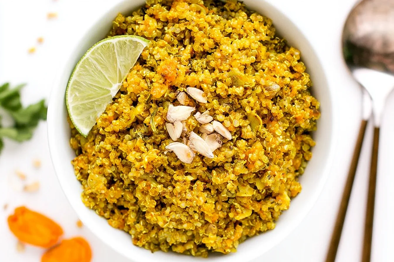Coconut Curry Quinoa topped with sunflower seeds and a fresh lime wedge in a white bowl.