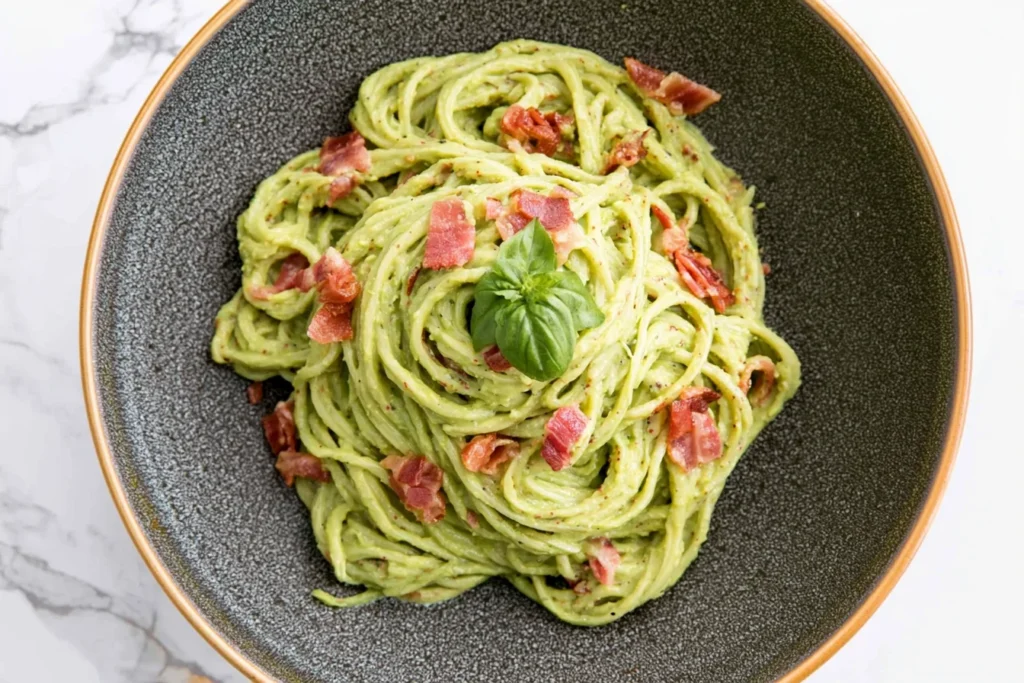 Avocado Carbonara with creamy avocado linguine, crispy bacon pieces, and fresh basil served in a dark ceramic bowl.
