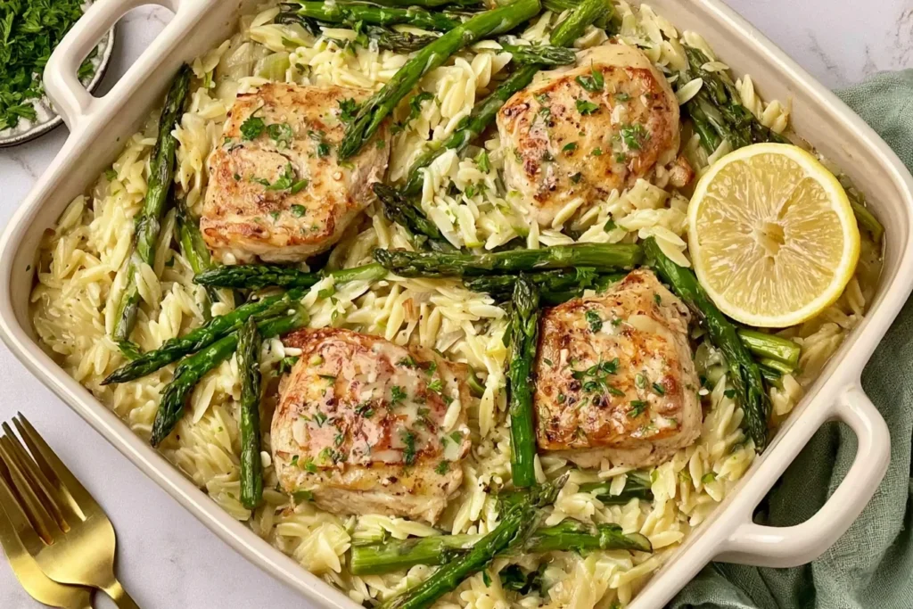 Creamy Orzo with Chicken and Asparagus baked in a dish with golden chicken, tender asparagus, and lemon slices