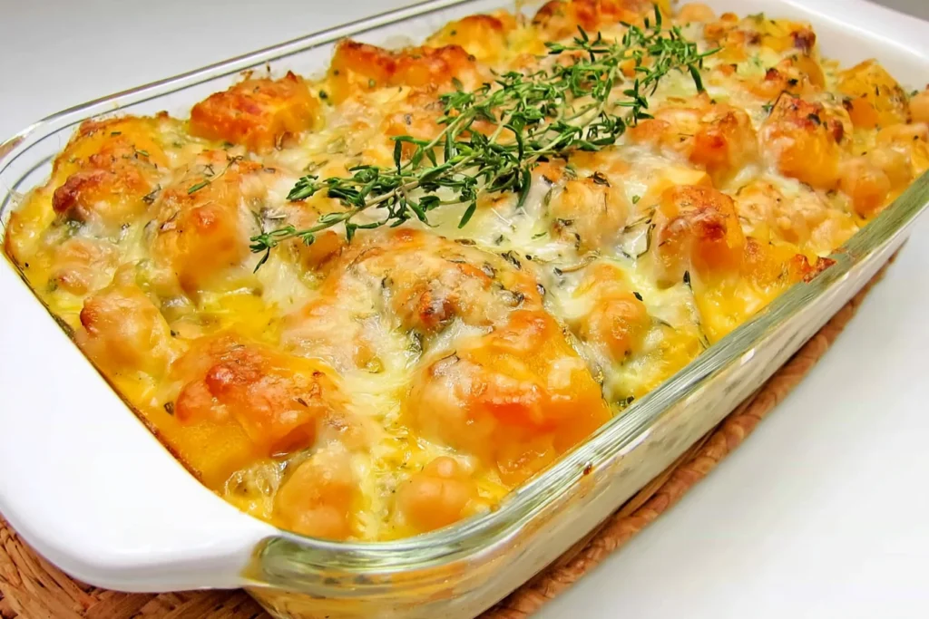 Baked Chickpeas with Butternut Squash casserole topped with golden melted cheese and fresh thyme