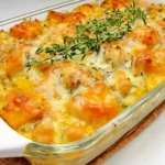 Baked Chickpeas with Butternut Squash casserole topped with golden melted cheese and fresh thyme
