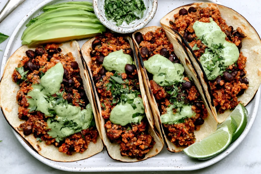 Black Bean Quinoa Tacos served with avocado slices, fresh cilantro, and creamy cilantro lime sauce on warm tortillas