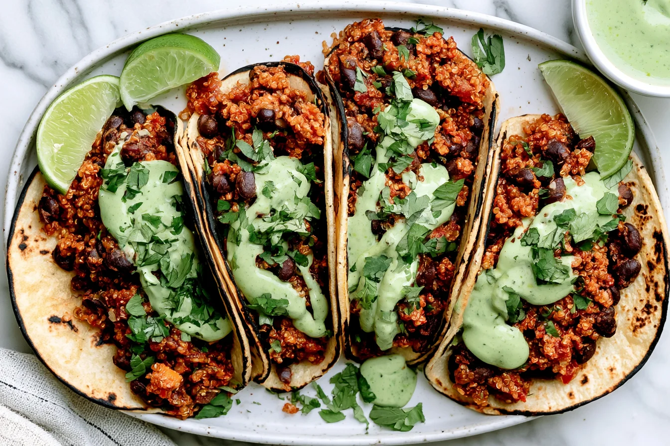 Black Bean Quinoa Tacos with creamy cilantro lime sauce, black beans, and quinoa in charred tortillas