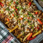 Cajun Dirty Loaded Fries topped with seasoned ground beef, melted cheese, red peppers, and fresh green onions.