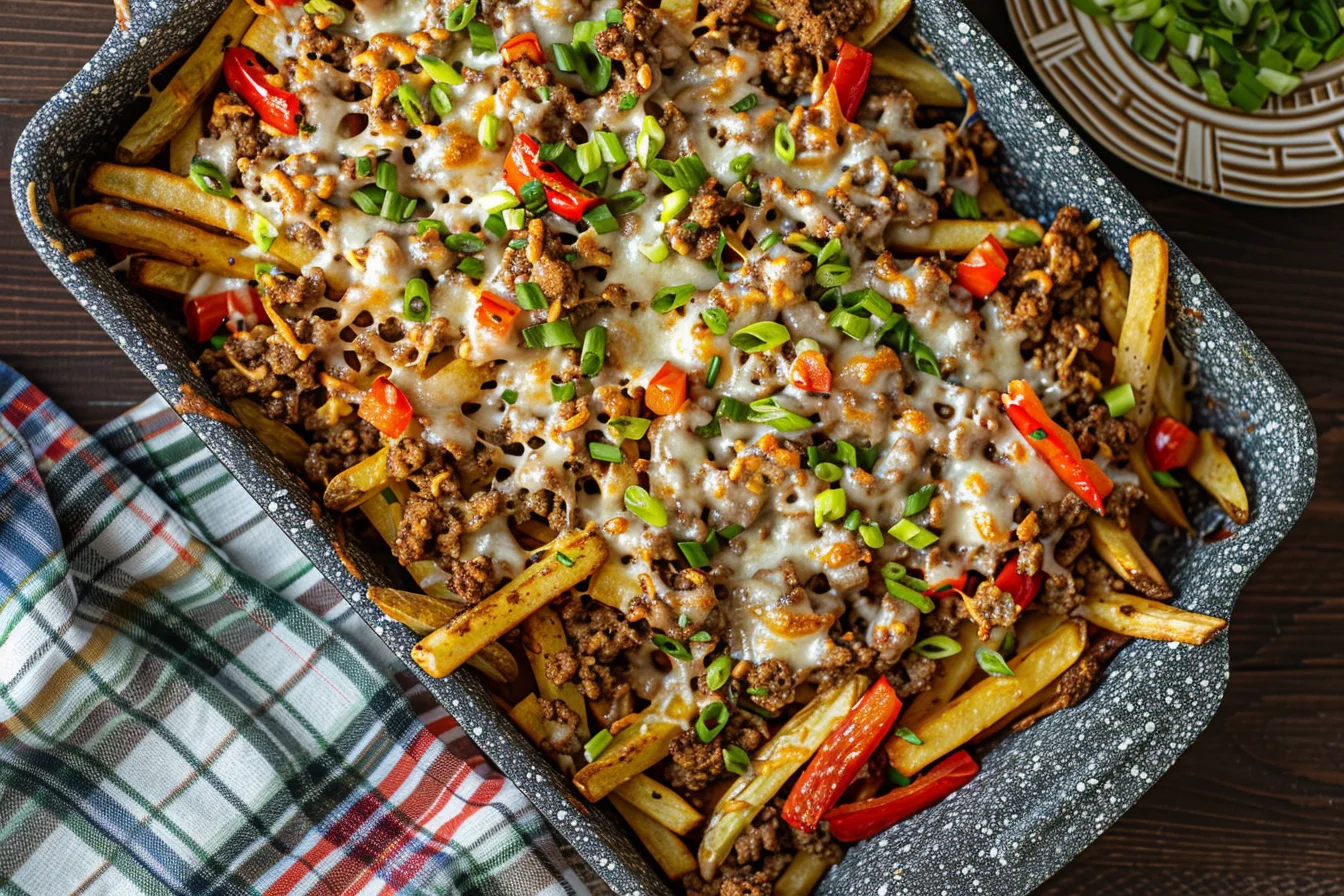 Cajun Dirty Loaded Fries topped with seasoned ground beef, melted cheese, red peppers, and fresh green onions.