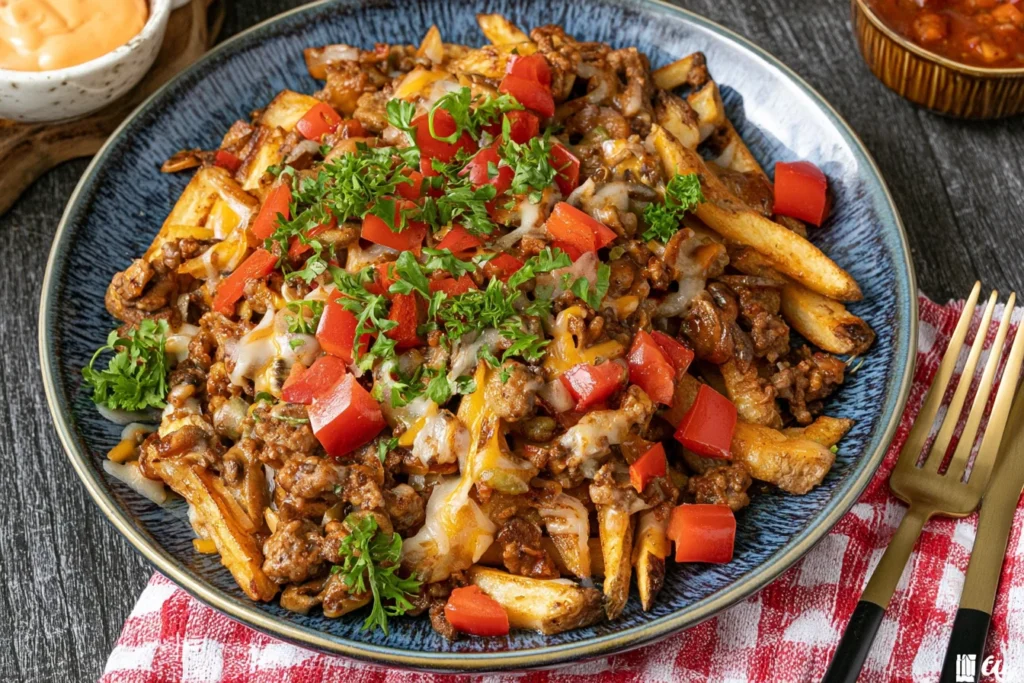 Cajun Dirty Loaded Fries with crispy potatoes, seasoned ground meat, melted cheese, red peppers, and fresh herbs.