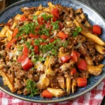 Cajun Dirty Loaded Fries with crispy potatoes, seasoned ground meat, melted cheese, red peppers, and fresh herbs.