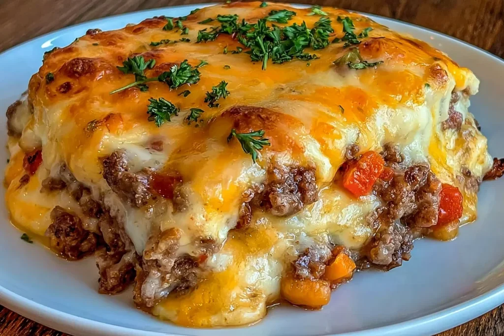 Cheddar Bay Hamburger Casserole with melted cheese, seasoned beef, and fluffy biscuit topping on a plate
