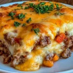 Cheddar Bay Hamburger Casserole with melted cheese, seasoned beef, and fluffy biscuit topping on a plate