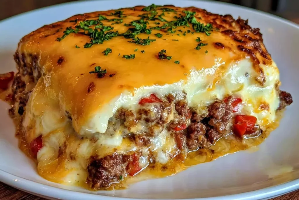 Cheddar Bay Hamburger Casserole with cheesy beef filling and golden biscuit topping