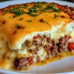 Cheddar Bay Hamburger Casserole with cheesy beef filling and golden biscuit topping