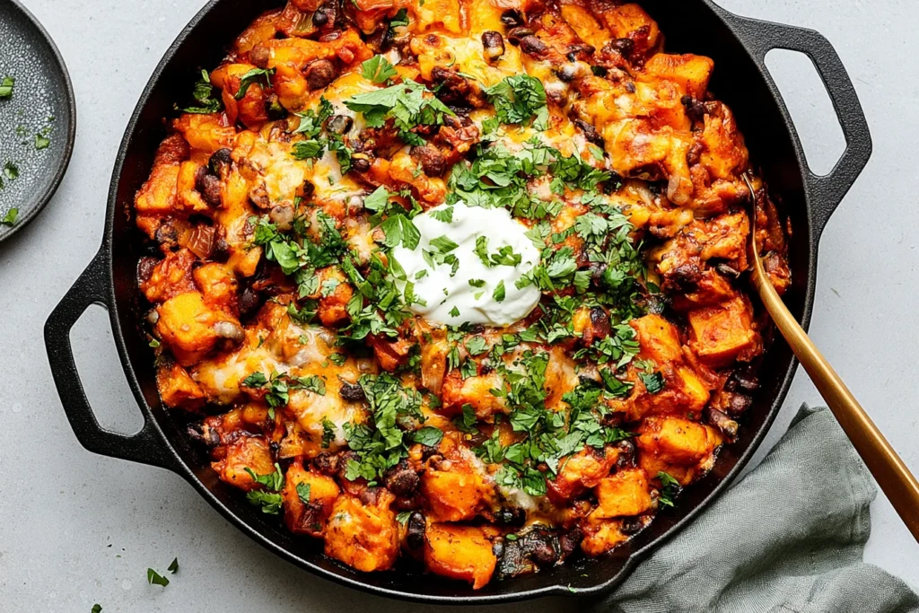 Butternut Squash and Black Bean Enchilada Skillet topped with melted cheese, fresh cilantro, and sour cream in a cast iron pan