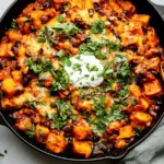 Butternut Squash and Black Bean Enchilada Skillet topped with melted cheese, fresh cilantro, and sour cream in a cast iron pan