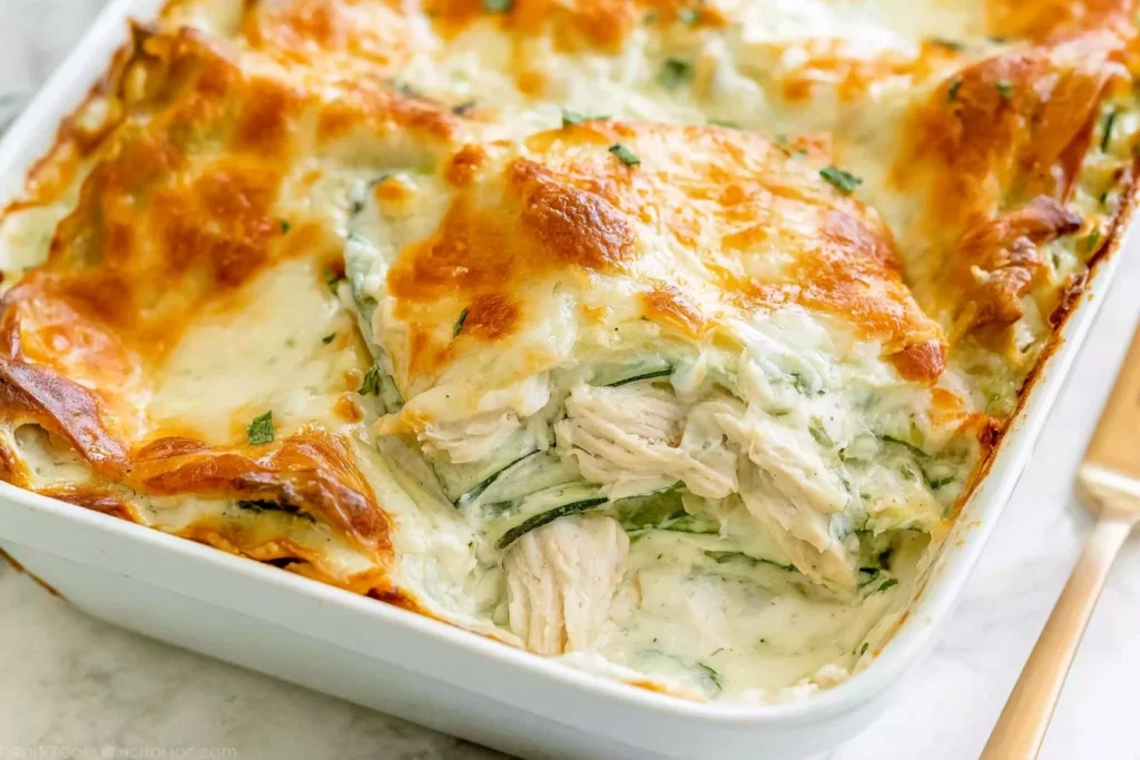 Chicken Alfredo Zucchini Lasagna slice with tender chicken, zucchini layers, creamy Alfredo sauce, and golden melted mozzarella.