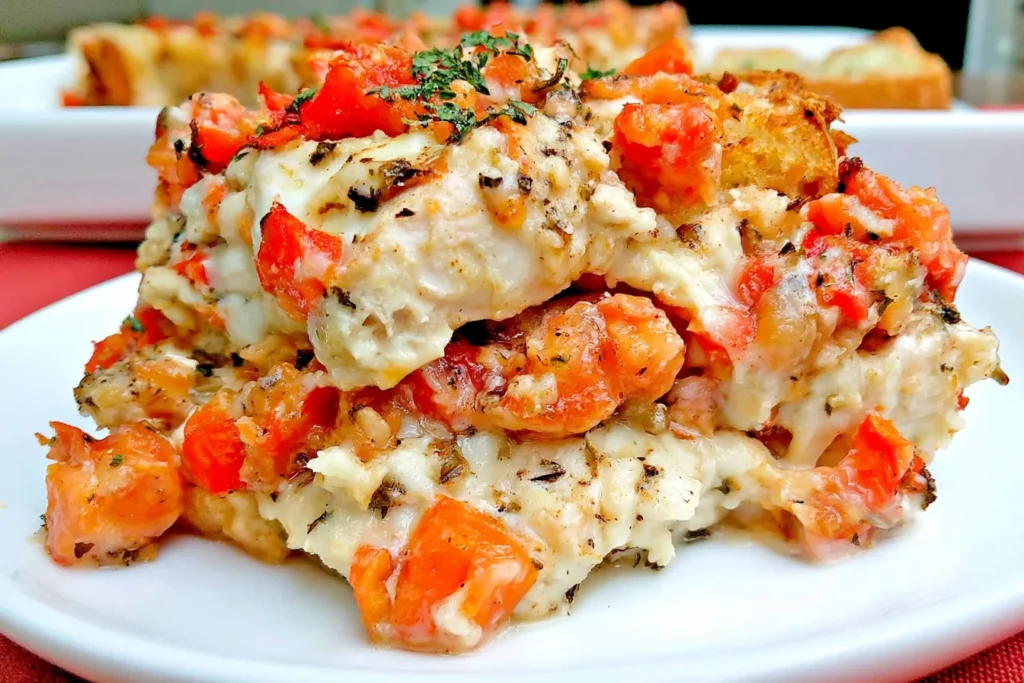 Chicken Bruschetta Casserole served on a white plate with chicken, diced tomatoes, melted mozzarella, herbs, and toasted bagel pieces.