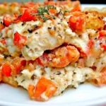 Chicken Bruschetta Casserole served on a white plate with chicken, diced tomatoes, melted mozzarella, herbs, and toasted bagel pieces.