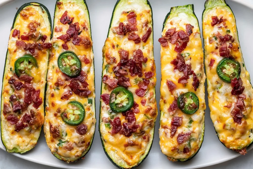 Jalapeno Popper Zucchini Boats topped with melted cheddar, crispy turkey bacon, and sliced jalapeños on a white plate